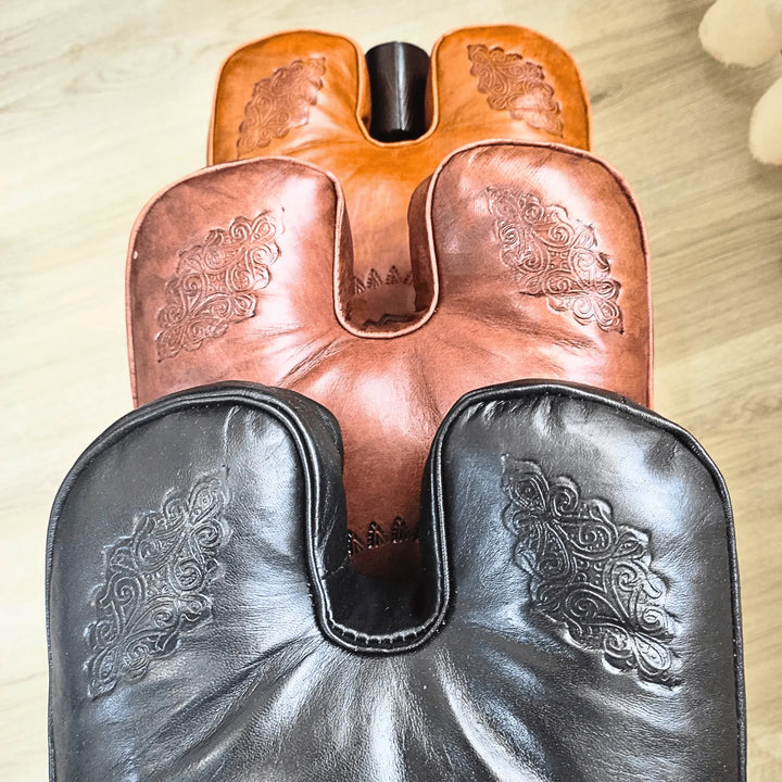 Stunning Leather Foot Stool, Handmade With Genuine Leather Cushion Beautifully Patterned. - JA ZWIIN