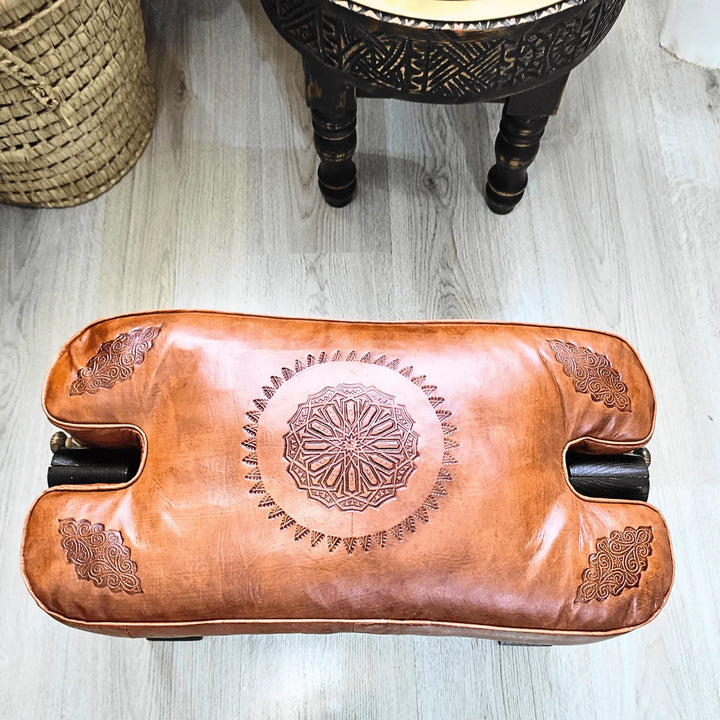 Black Moroccan Camel Saddle Stool, Genuine Leather Cushion and Solid Cedar Wood Carved Base. - JA ZWIIN