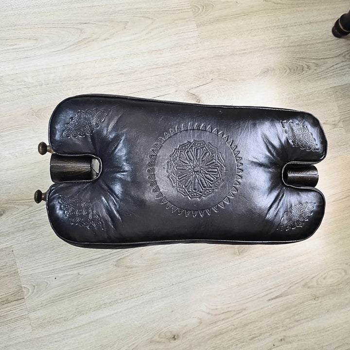 Black Moroccan Camel Saddle Stool, Genuine Leather Cushion and Solid Cedar Wood Carved Base. - JA ZWIIN