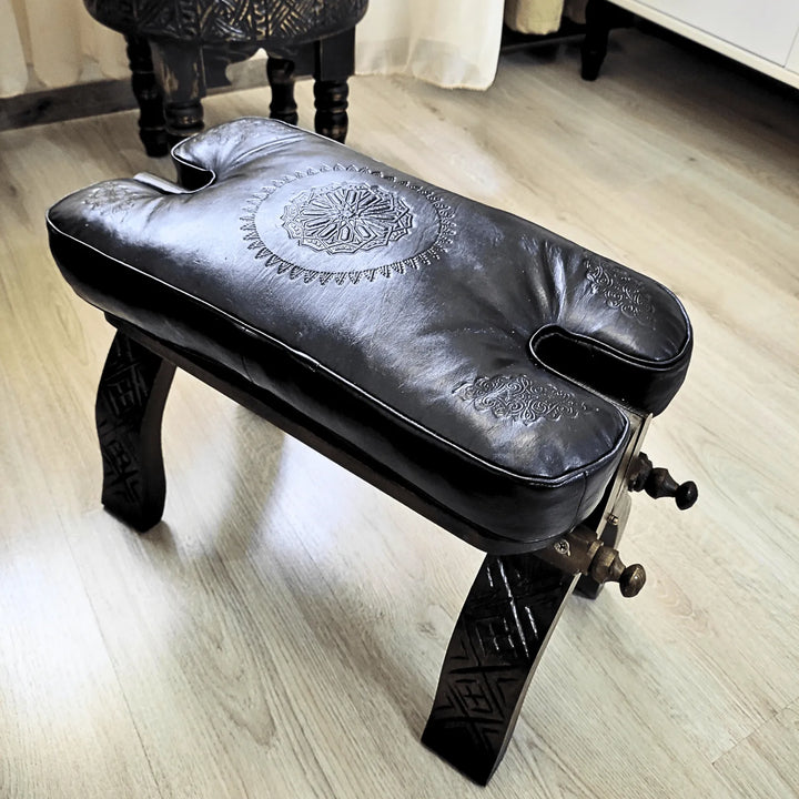 Stunning Leather Foot Stool, Handmade With Genuine Leather Cushion Beautifully Patterned. - JA ZWIIN