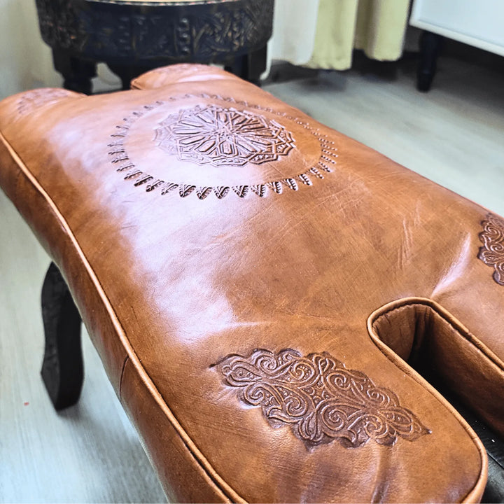 Black Moroccan Camel Saddle Stool, Genuine Leather Cushion and Solid Cedar Wood Carved Base. - JA ZWIIN
