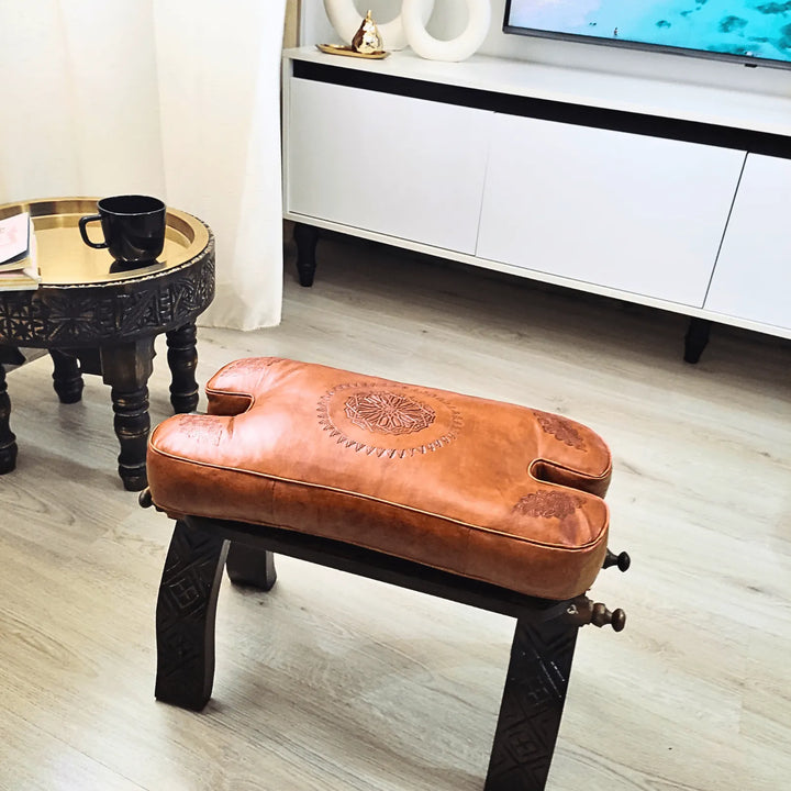 Brown Genuine Leather Footstool, 100% Handmade Camel Saddle Stool. - JA ZWIIN
