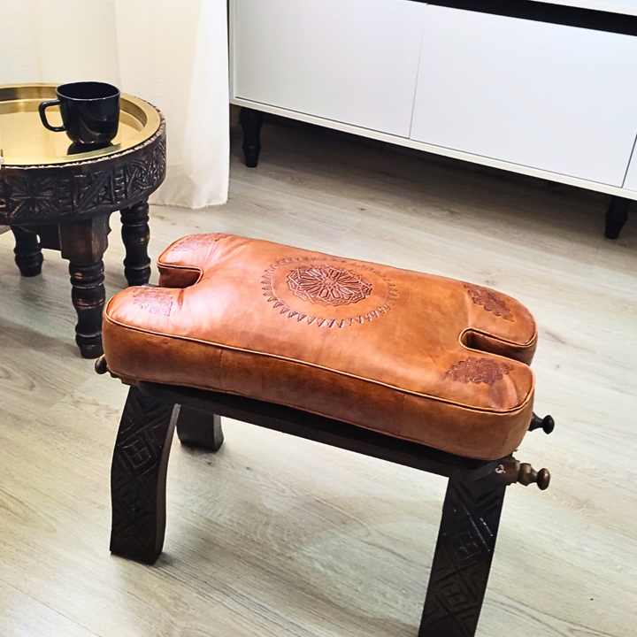 Stunning Leather Foot Stool, Handmade With Genuine Leather Cushion Beautifully Patterned.-JA ZWIIN
