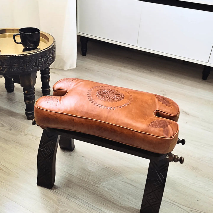 Stunning Leather Foot Stool, Handmade With Genuine Leather Cushion Beautifully Patterned. - JA ZWIIN