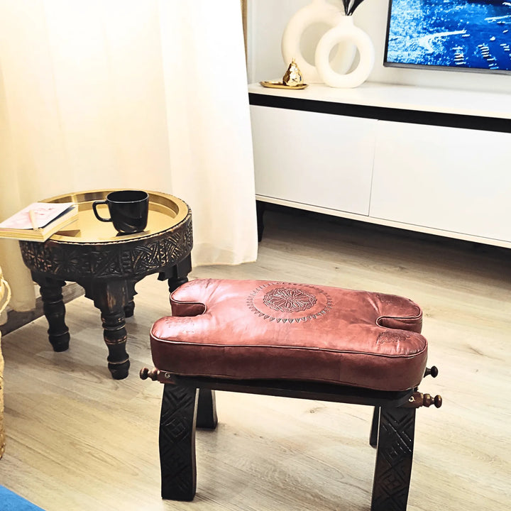 Brown Genuine Leather Footstool, 100% Handmade Camel Saddle Stool. - JA ZWIIN