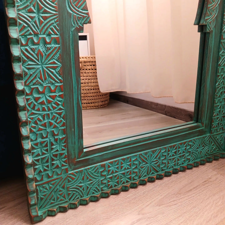 Green Moroccan Hand Carved Wooden Mirror in Vintage Style