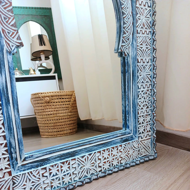 Blue Moroccan Hand Carved Wooden Mirror