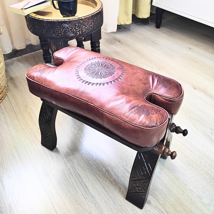 Stunning Leather Foot Stool, Handmade With Genuine Leather Cushion Beautifully Patterned.-JA ZWIIN