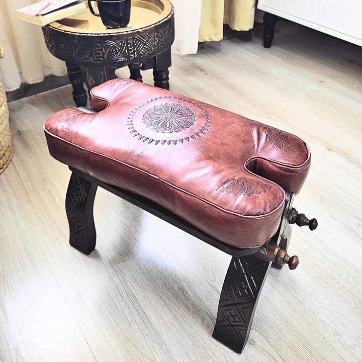 Brown Genuine Leather Footstool, 100% Handmade Camel Saddle Stool. - JA ZWIIN