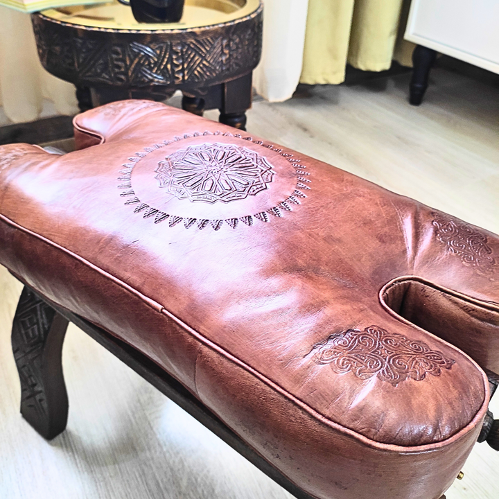 Stunning Leather Foot Stool, Handmade With Genuine Leather Cushion Beautifully Patterned.-JA ZWIIN