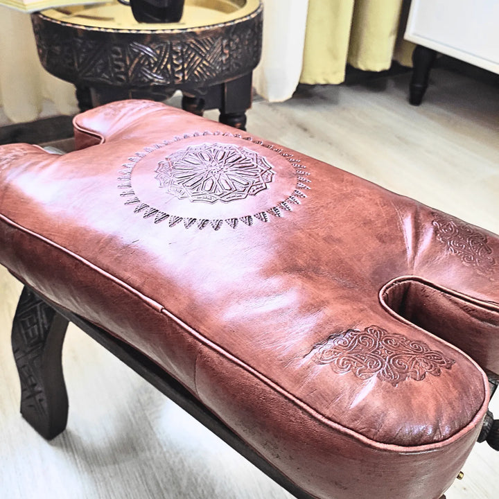 Stunning Leather Foot Stool, Handmade With Genuine Leather Cushion Beautifully Patterned. - JA ZWIIN