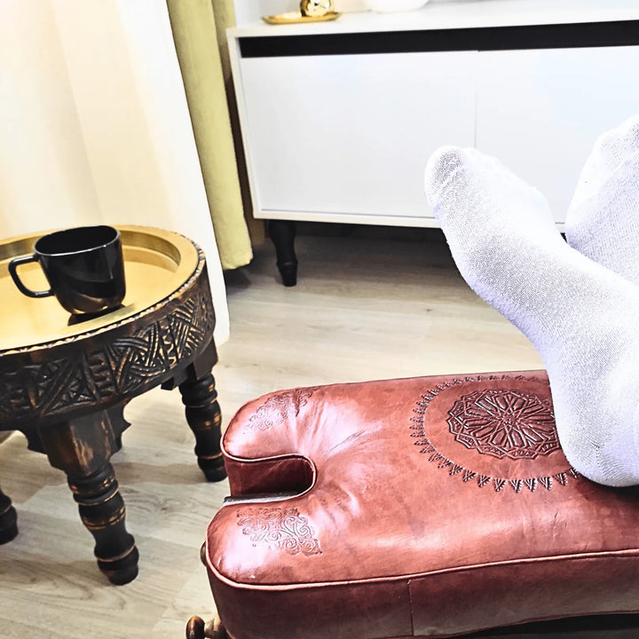 Brown Genuine Leather Footstool, 100% Handmade Camel Saddle Stool. - JA ZWIIN