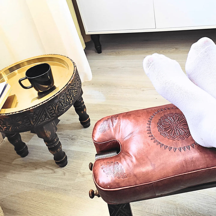 Stunning Leather Foot Stool, Handmade With Genuine Leather Cushion Beautifully Patterned. - JA ZWIIN