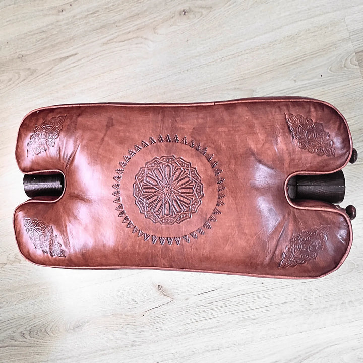 Brown Genuine Leather Footstool, 100% Handmade Camel Saddle Stool. - JA ZWIIN