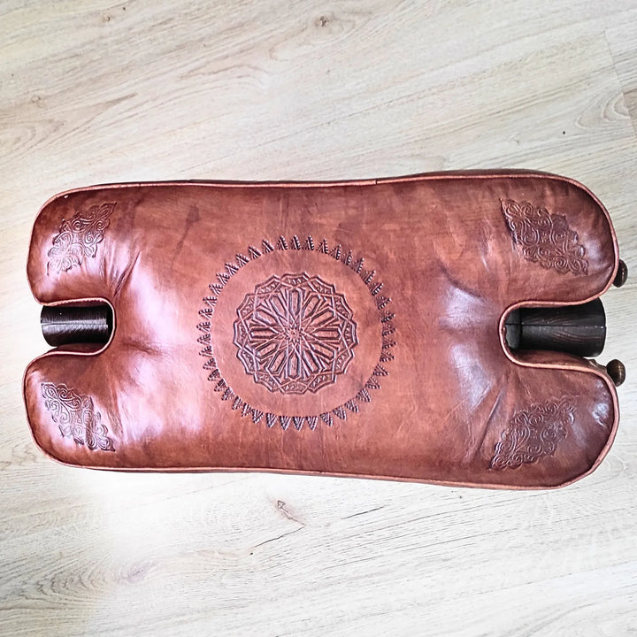 Black Moroccan Camel Saddle Stool, Genuine Leather Cushion and Solid Cedar Wood Carved Base.-JA ZWIIN