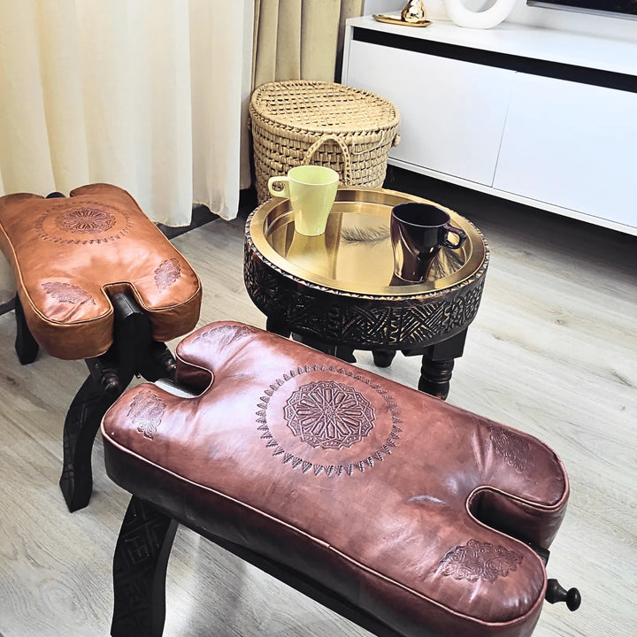 Brown Genuine Leather Footstool, 100% Handmade Camel Saddle Stool. - JA ZWIIN