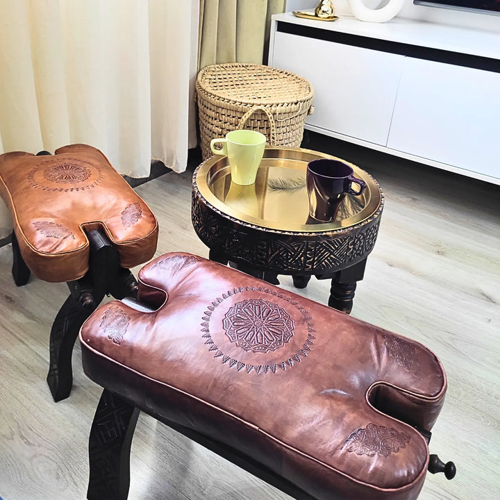 Black Moroccan Camel Saddle Stool, Genuine Leather Cushion and Solid Cedar Wood Carved Base.-JA ZWIIN