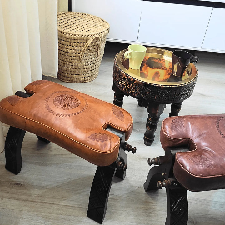 Stunning Leather Foot Stool, Handmade With Genuine Leather Cushion Beautifully Patterned. - JA ZWIIN
