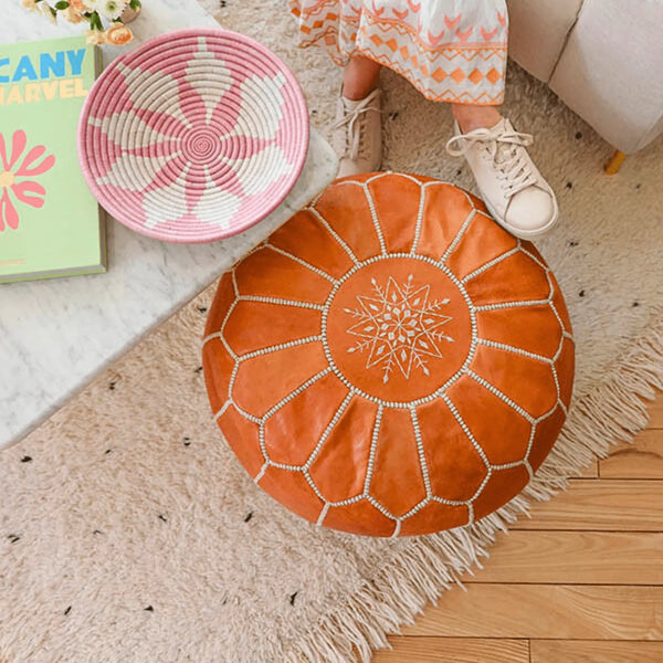 Stunning Tan Genuine Leather Pouf, 100% Handmade in Morocco, Organic and eco friendly. - JA ZWIIN