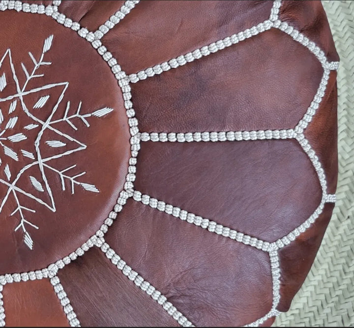 Stunning Tan Genuine Leather Pouf, 100% Handmade in Morocco, Organic and eco friendly. - JA ZWIIN