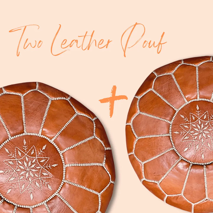 Set Of 2 Authentic Moroccan Genuine Leather Poufs, Soft, Strong, Naturally Treated and 100% Organic. - JA ZWIIN