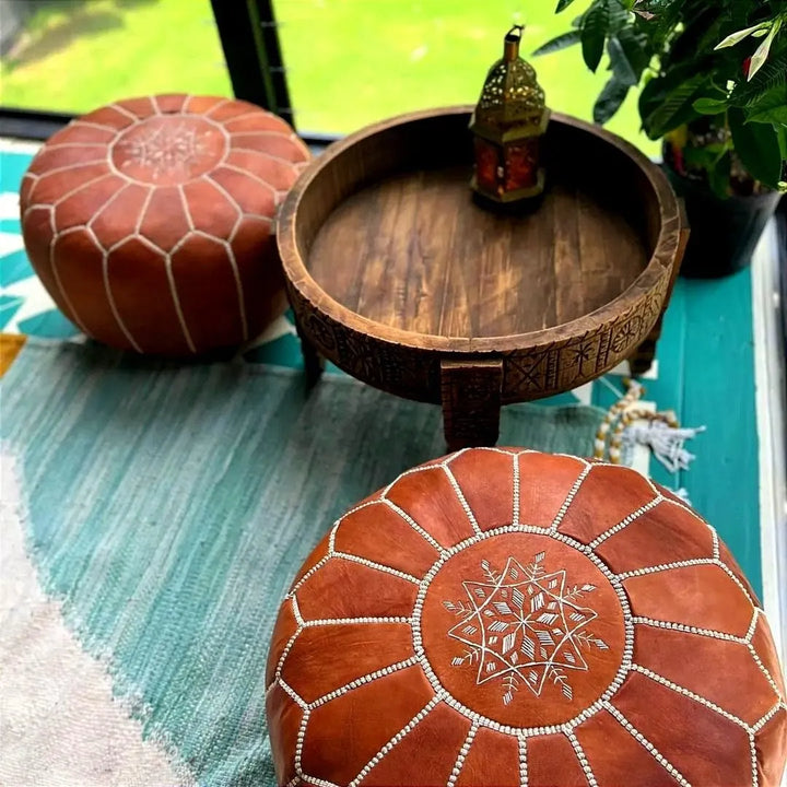 Stunning Tan Genuine Leather Pouf, 100% Handmade in Morocco, Organic and eco friendly. - JA ZWIIN